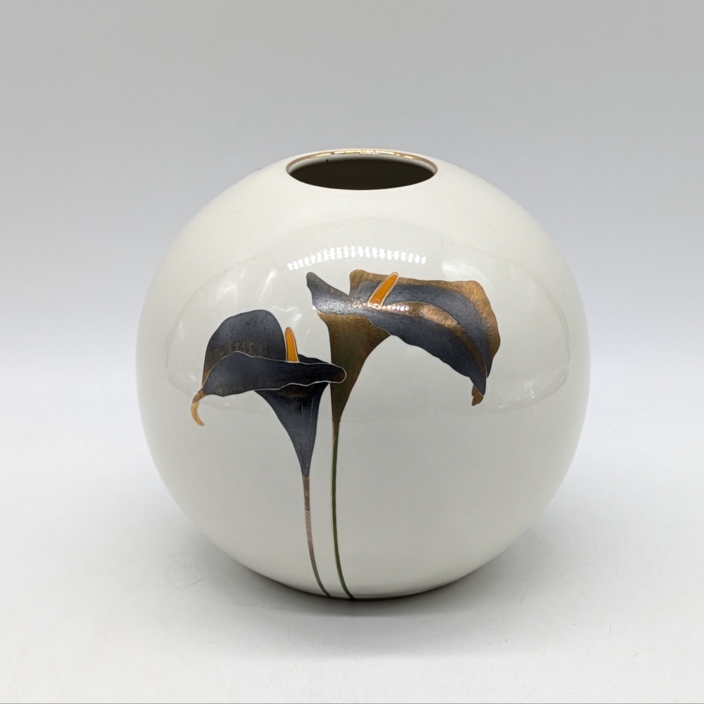 Otagiri White Glossy Ceramic Sphere Vase with Black and Gold Calla Lily Design